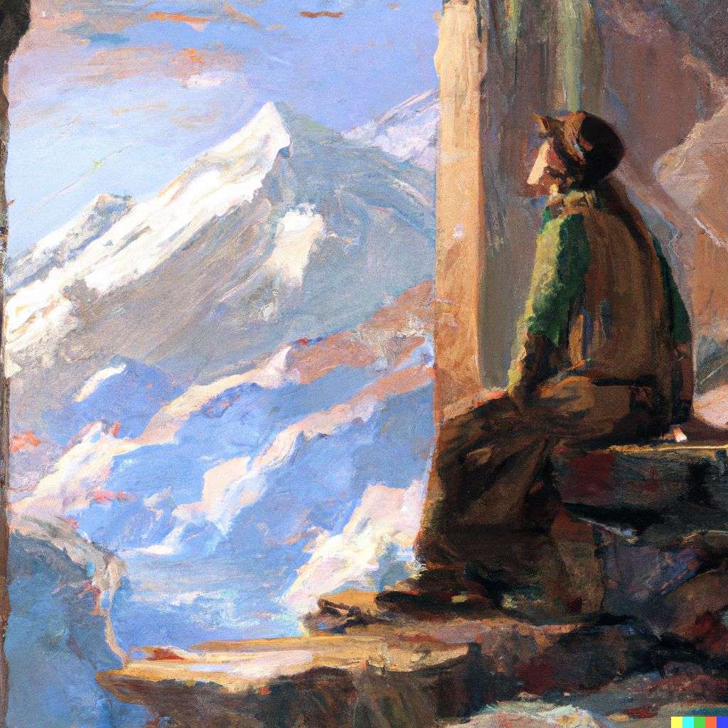 someone gazing at Mount Everest, painting by John William Waterhouse